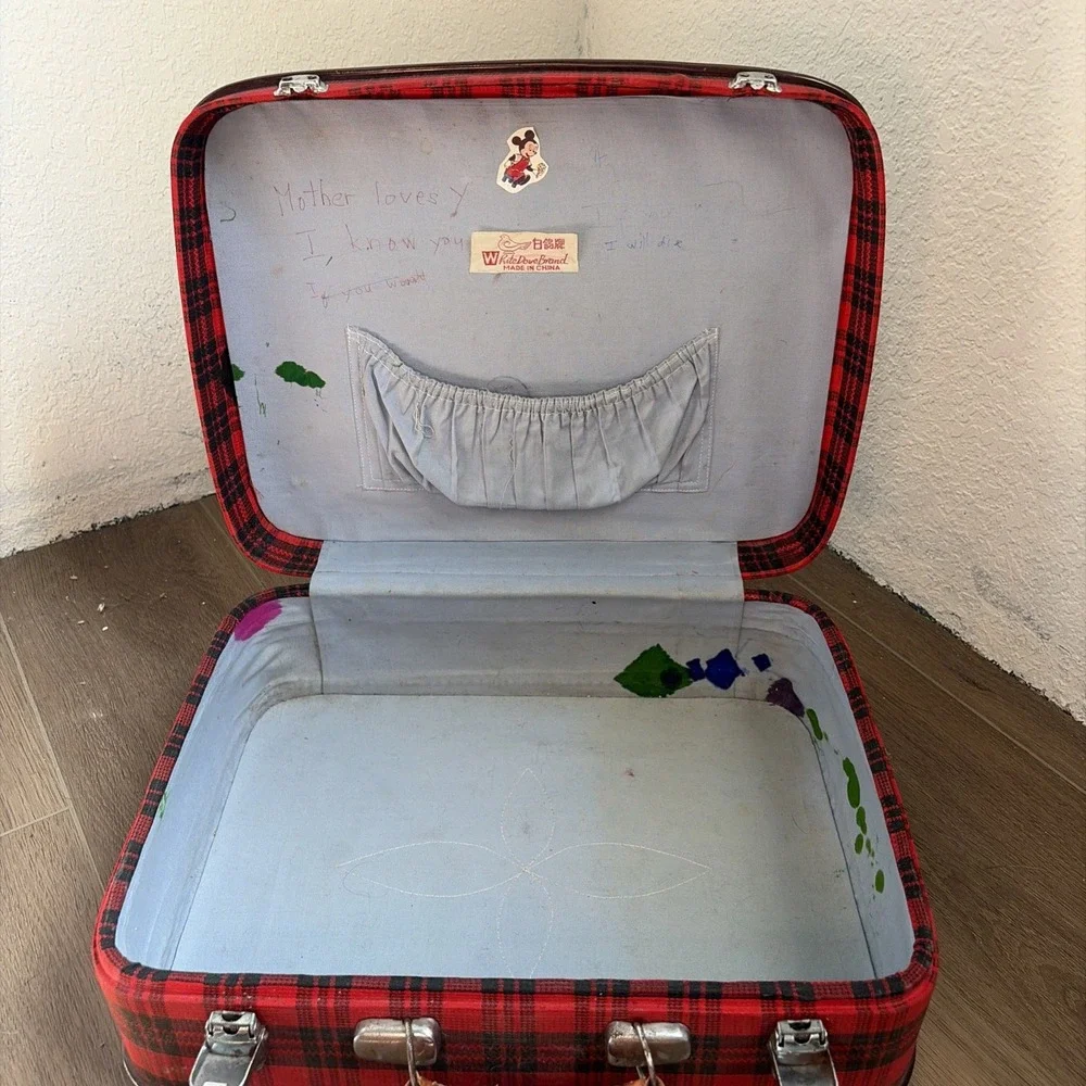 Vintage Tartan Plaid Child's Suitcase White Dove Brsnf Heirloom Distressed